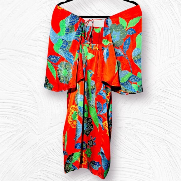 Y2K Designer Joy Han 100% Silk, Floral & Bird Print Red Dress - Picture 9 of 11